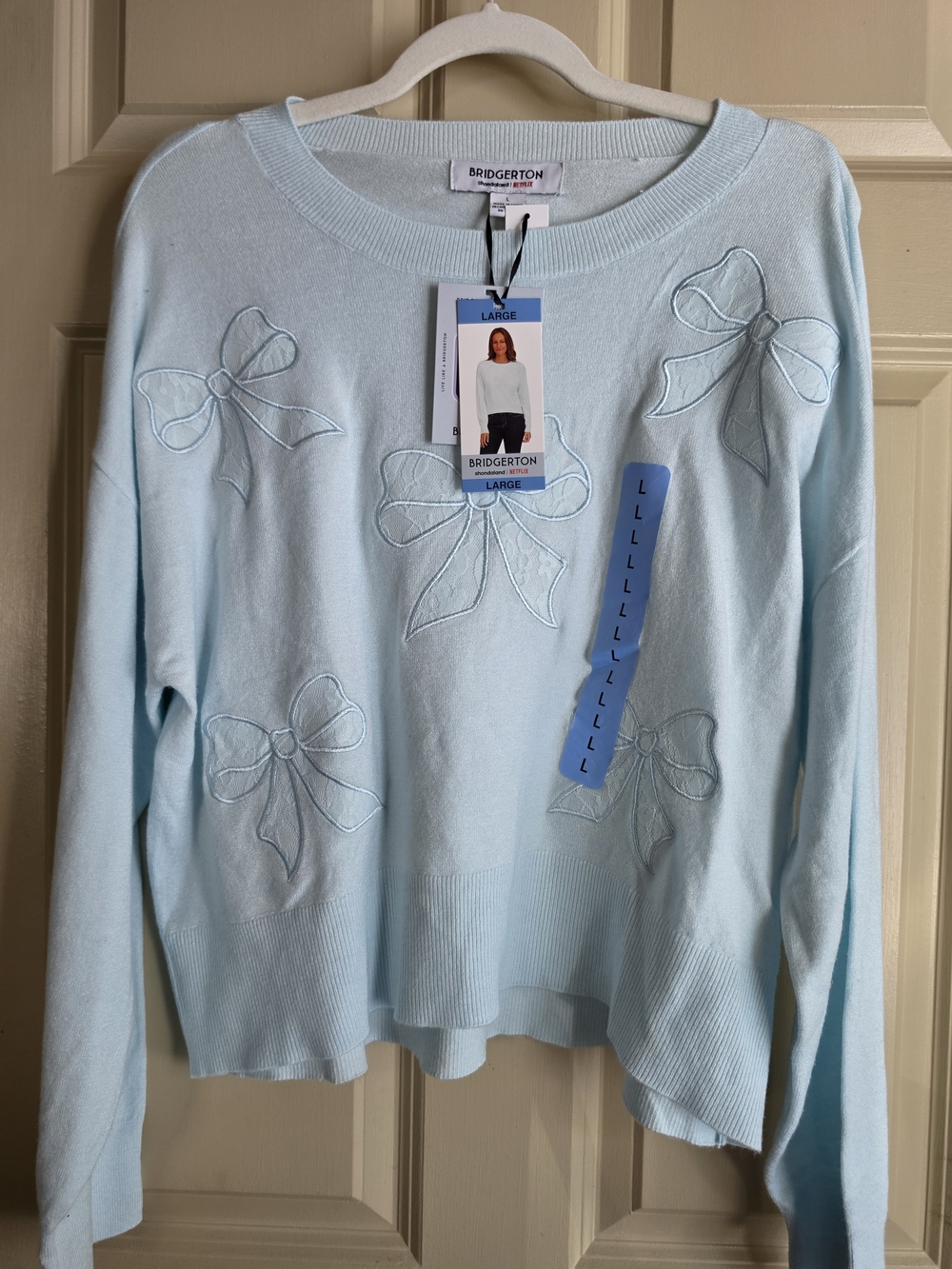 Light Blue Bow-Appliqué Sweater - Women's Large BRIDGERTON